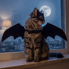 bat wings cat costume on a tabby sitting on a windowsill at night, wings spread, moon behind